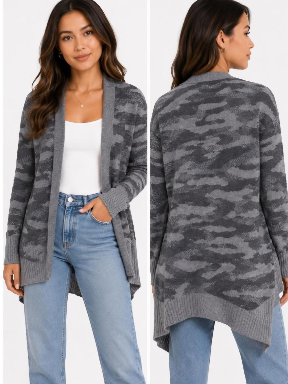 William Rast Gray Camo Open Cardigan Cotton Blend Neutral Sweater